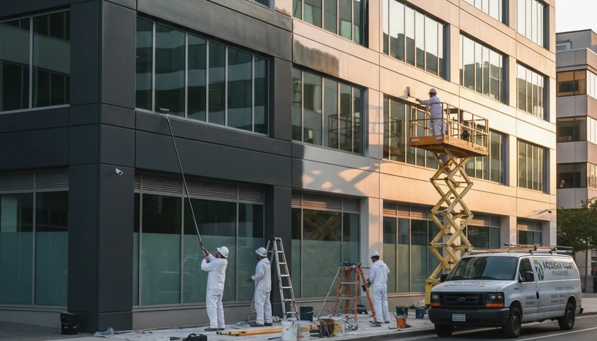 Professional commercial painters at work on office exterior in Louisville, KY