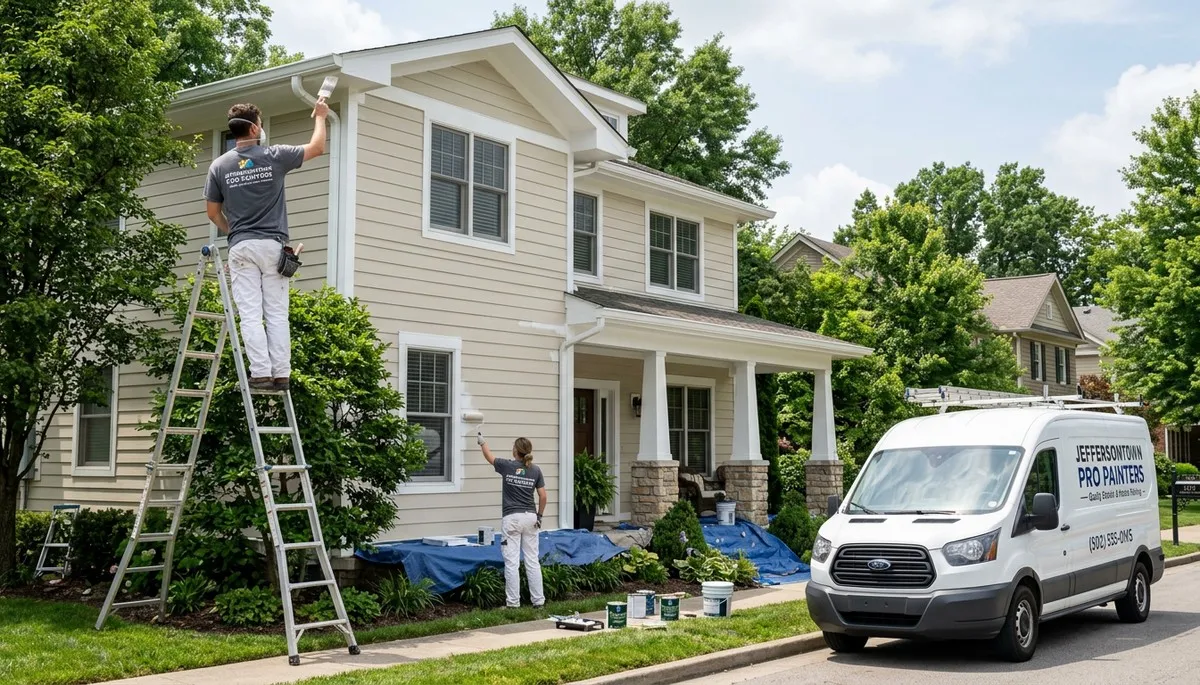Professional house painters in Louisville KY applying exterior paint to a residential home façade