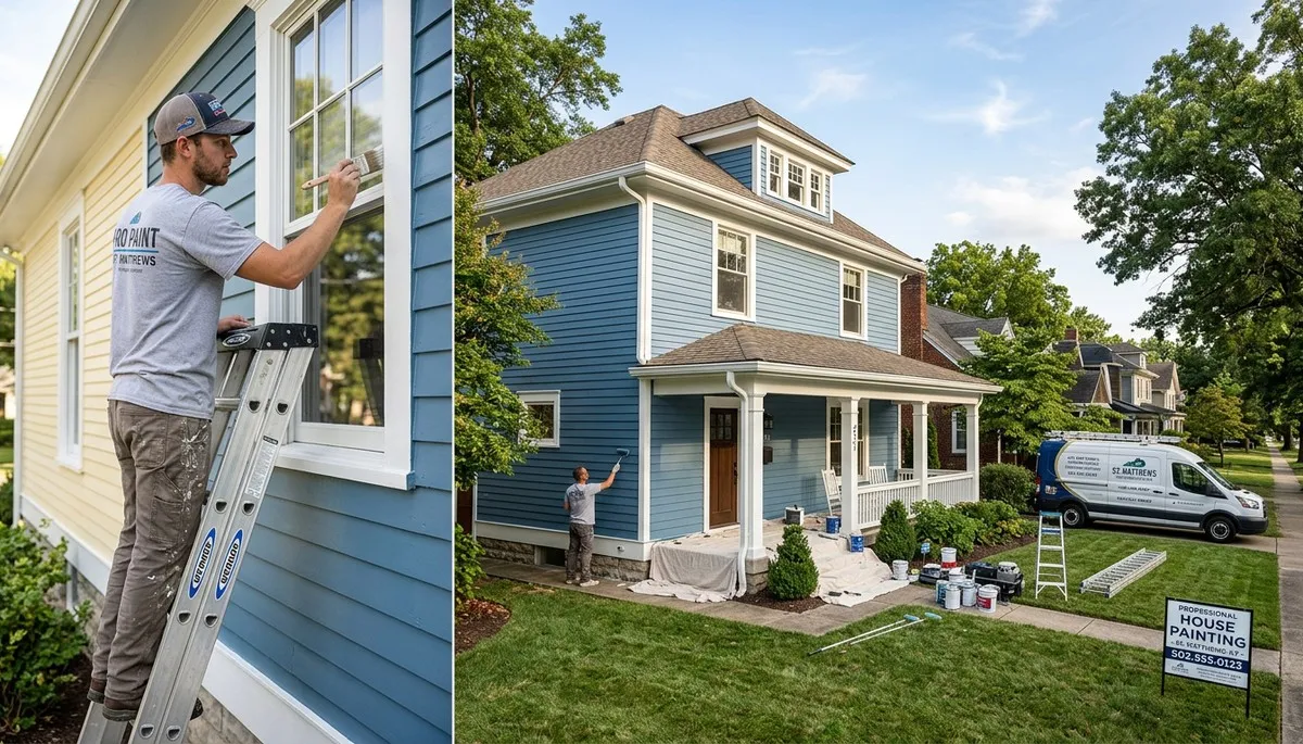 Professional house painters in Louisville KY applying exterior paint to a residential home