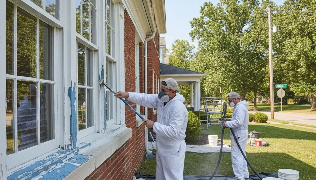 Painter sanding exterior siding for surface preparation in Louisville KY before weather-resistant painting