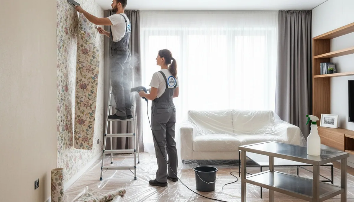 Professional wallpaper removal by house painters in Louisville, KY preparing walls for fresh paint
